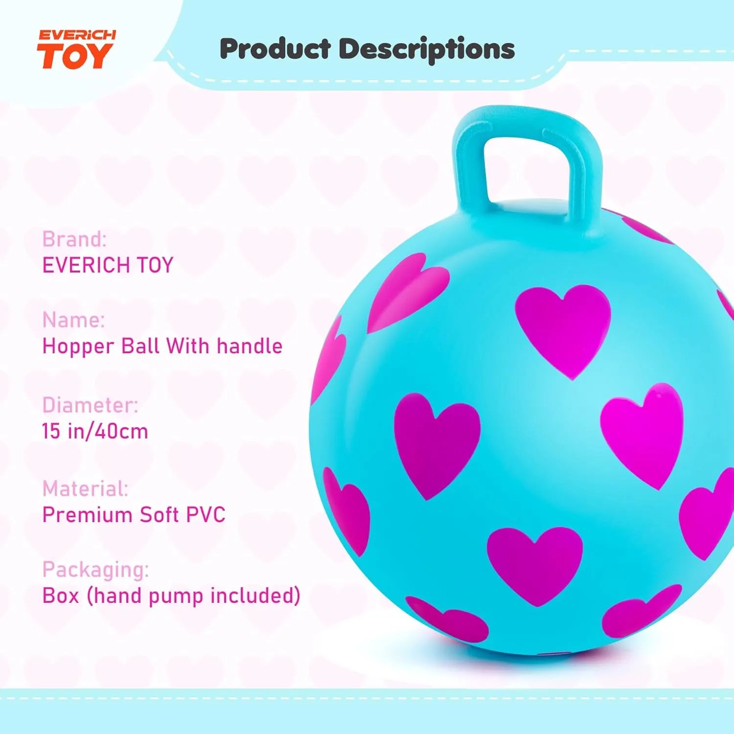 with Handle, Indoor Outdoor Inflatable Jumping Toy for Girls Boys Gift with Pump EVERICH TOY Hopper Ball, 15In Hippity aside topi asleep Hop for Kids 3-6, Blue Sit On Bouncy Ball 