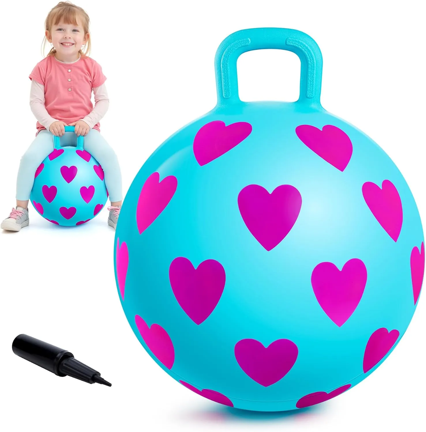 with Handle, Indoor Outdoor Inflatable Jumping Toy for Girls Boys Gift with Pump EVERICH TOY Hopper Ball, 15In Hippity aside topi asleep Hop for Kids 3-6, Blue Sit On Bouncy Ball 