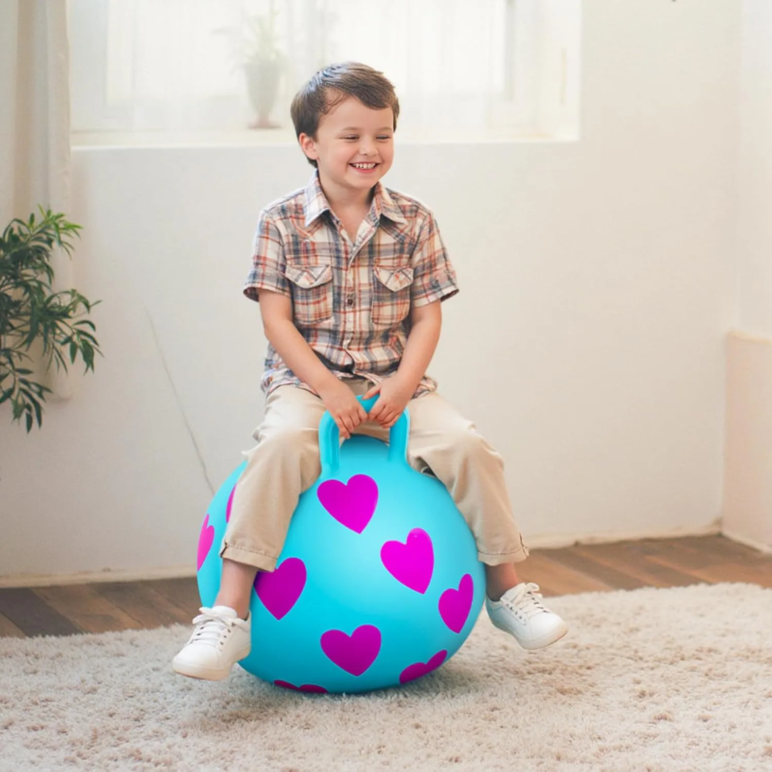 with Handle, Indoor Outdoor Inflatable Jumping Toy for Girls Boys Gift with Pump EVERICH TOY Hopper Ball, 15In Hippity aside topi asleep Hop for Kids 3-6, Blue Sit On Bouncy Ball 