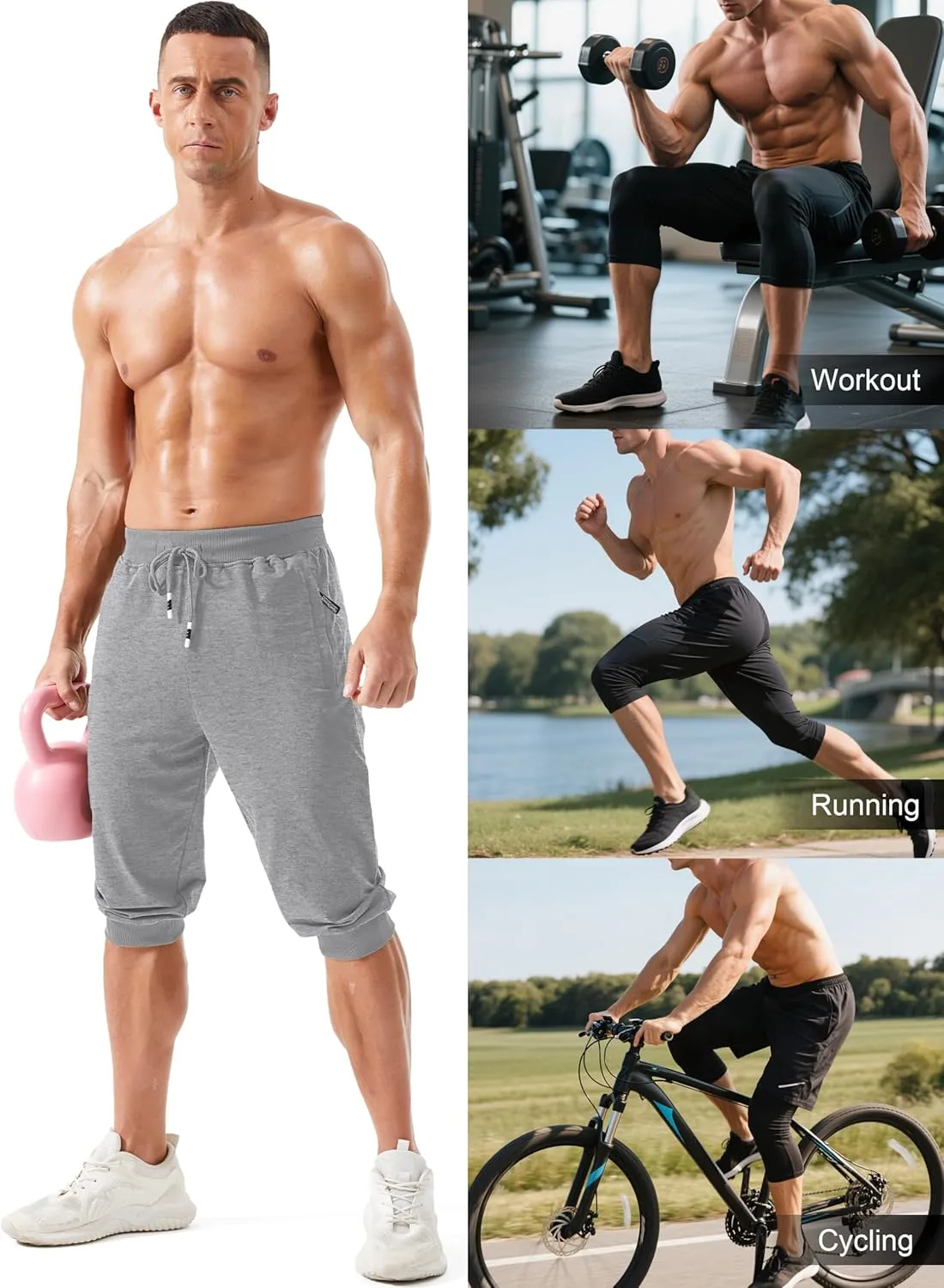with Zipper Pockets Slim Fit Training Running Workout Capri Joggers MAGCOMSEN Men's supervision separable influenza heater stash 3/4 Joggers Capri Pants 