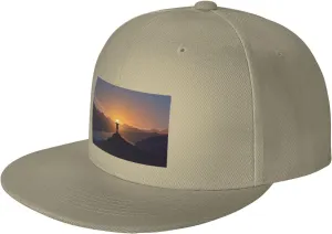 Women Snapback Hat Trucker Flat Bill Caps Sun Hat Natural Man Standing on Top of a Mountain Watching The Sunset View Baseball Cap vivid for Men 