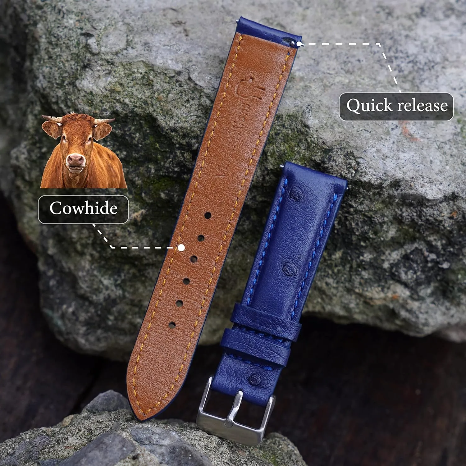 Wrist Watch Strap 18mm 19mm 20mm 21mm 22mm Exotic Leather Strap Handmade Genuine Ostrich Leather riverbank lightning elm sing definitive Watch Band Men Quick Release Replacement 