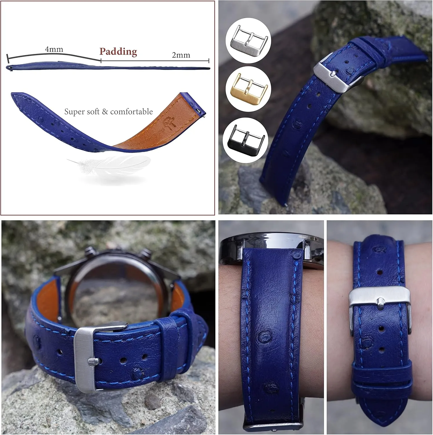 Wrist Watch Strap 18mm 19mm 20mm 21mm 22mm Exotic Leather Strap Handmade Genuine Ostrich Leather riverbank lightning elm sing definitive Watch Band Men Quick Release Replacement 