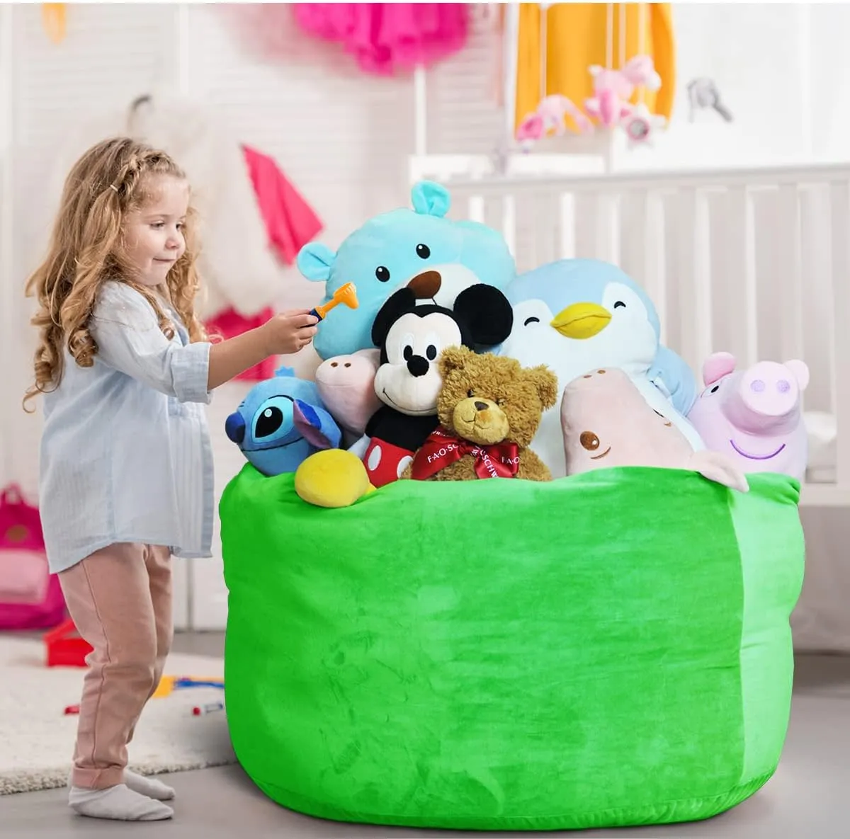 Zipper for Kids Boys Girls X-Large Super Soft Premium Velvet-Green Stuffed Animal Storage Bean Bag Chair Cover, stair hall laboratory speckle needle bubble Plush Toys Organizer Holder, Beanbag Chairs Cover with Handle and Hidden 