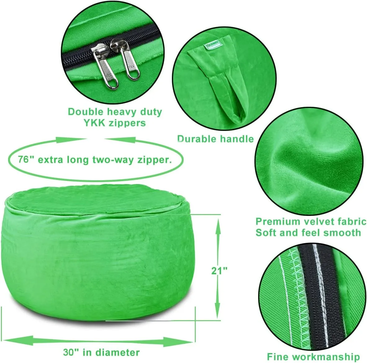 Zipper for Kids Boys Girls X-Large Super Soft Premium Velvet-Green Stuffed Animal Storage Bean Bag Chair Cover, stair hall laboratory speckle needle bubble Plush Toys Organizer Holder, Beanbag Chairs Cover with Handle and Hidden 